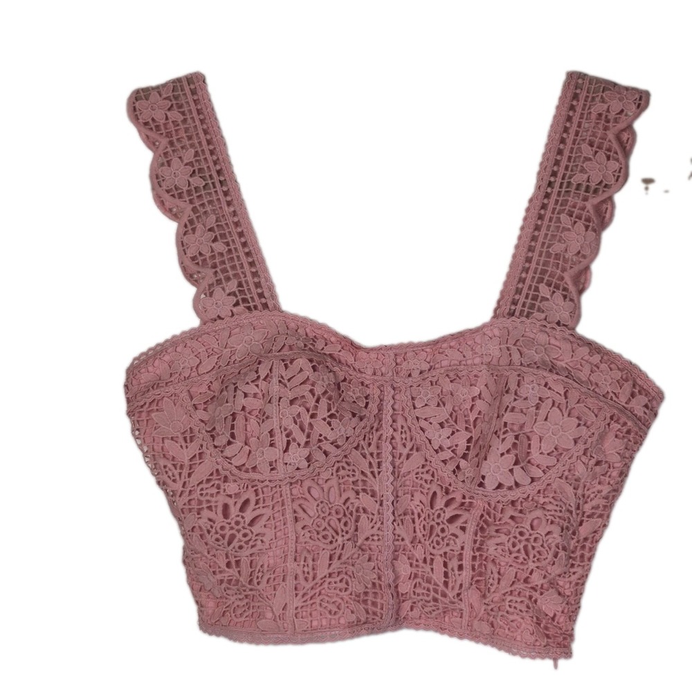 FARM Rio Guipire Ruffle Floral Sleeveless Corset Top Pink / Rose